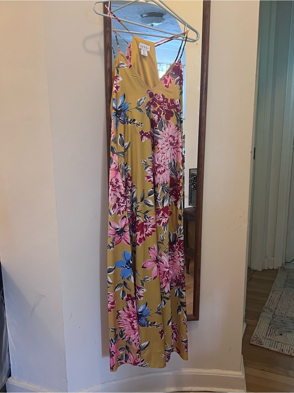 Nicole Miller Mustard Floral Maxi Dress with Pink & Blue Blooms